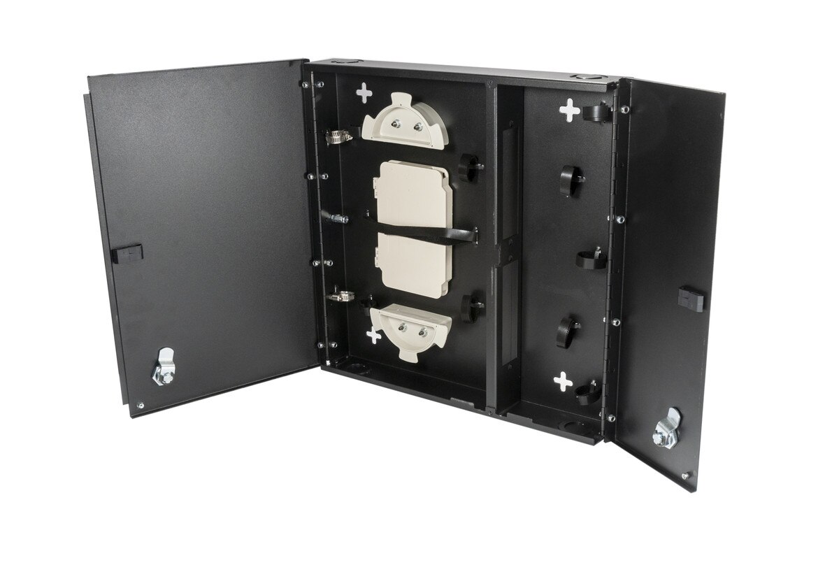 Small, empty wall mount with split metal door, with one lock/key. Fits 2 LGX adapter plates. 2